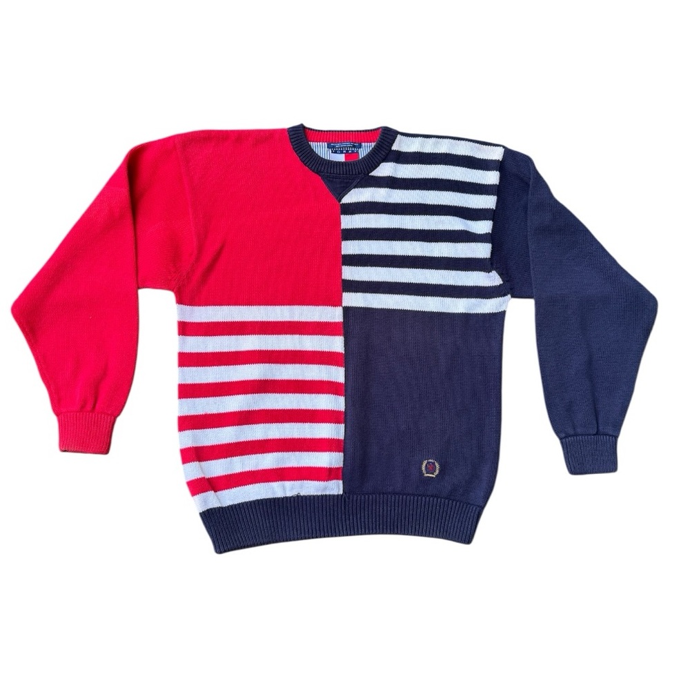 Tommy Hilfiger Red and Navy Striped Crewneck Sweater
